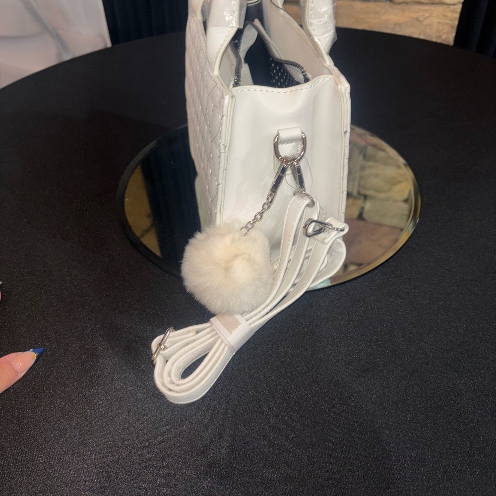 White Quilted Heart-Pattern Handbag with Pom Pom - Picture 6 of 7